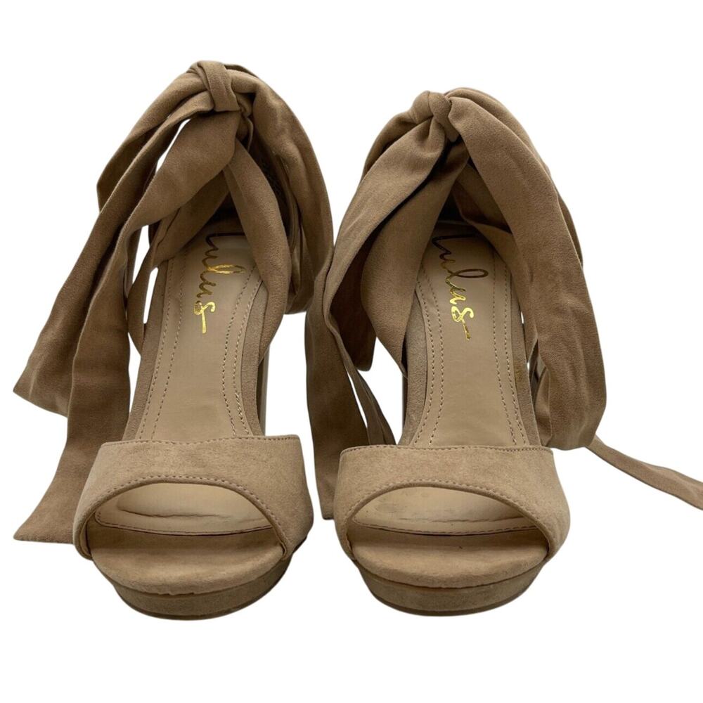 Lulu's Dorian Nude Open Toe Crisscross Ankle Strap Heel Woman's Size 5.5